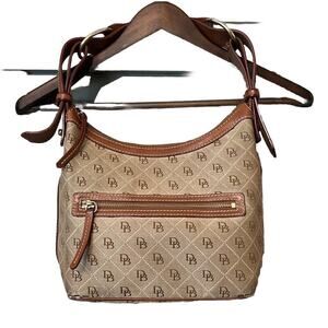 Dooney & Bourke Monogram BOHO Shoulder Bag Brown Leather Trim.